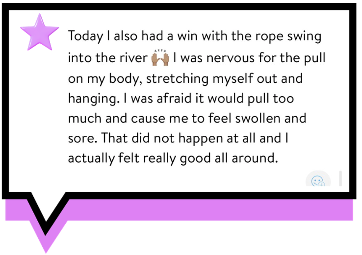 A digital note featuring a purple star icon and a speech bubble with black border and pink bottom edge, containing text about a personal achievement involving a rope swing into the river and positive feelings about it.