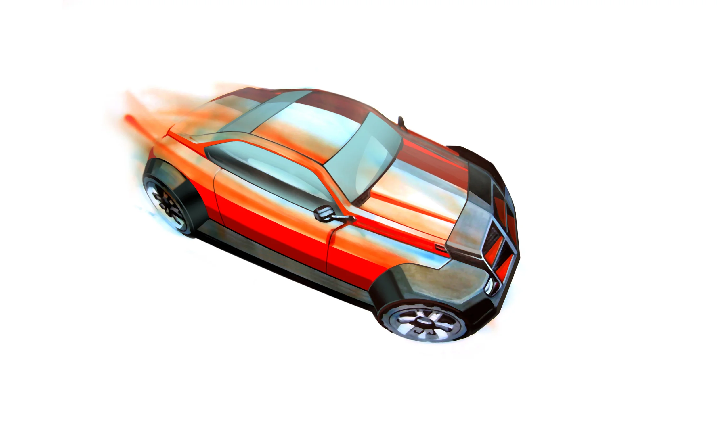  This is an academic auto design project from 2003. It was designed around the theory that there is a traditional division in the auto industry separating utilitarian vehicles from performance cars that has concealed an opportunity to produce a car inspired by both that could be very relevant to our contemporary, diverse lifestyles. Since the automobile has become a complete necessity to many of our daily lives, one should be able to experience both the performance and admiration of an aggressive car without sacrificing on the ruggedness required to survive on competitive and often under maintained roads. This design is a fusion of two vernaculars. Since early cars like Duesenbergs were built for dirt roads but styled with beauty and precision, it was envisioned that this car would have the same utilitarian capacity, durability and style as was common in the 1930s but in a contemporary, early 2000s form. This car features sport proportions with durable materials protecting impact areas and a removable roof and hatch that completely opens up the trunk/bed for maximum cargo capacity. Designed for a Chrysler sponsored studio, it features the design language of the Dodge division, fitting well conceptually within the intentions of that brand. 