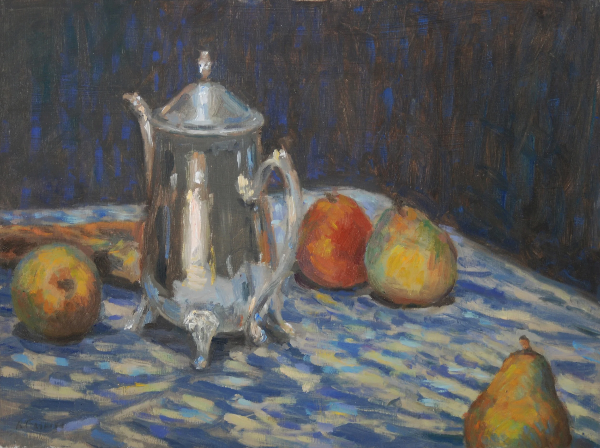 Teapot with Pears, Oil on board, 16x12 inches.