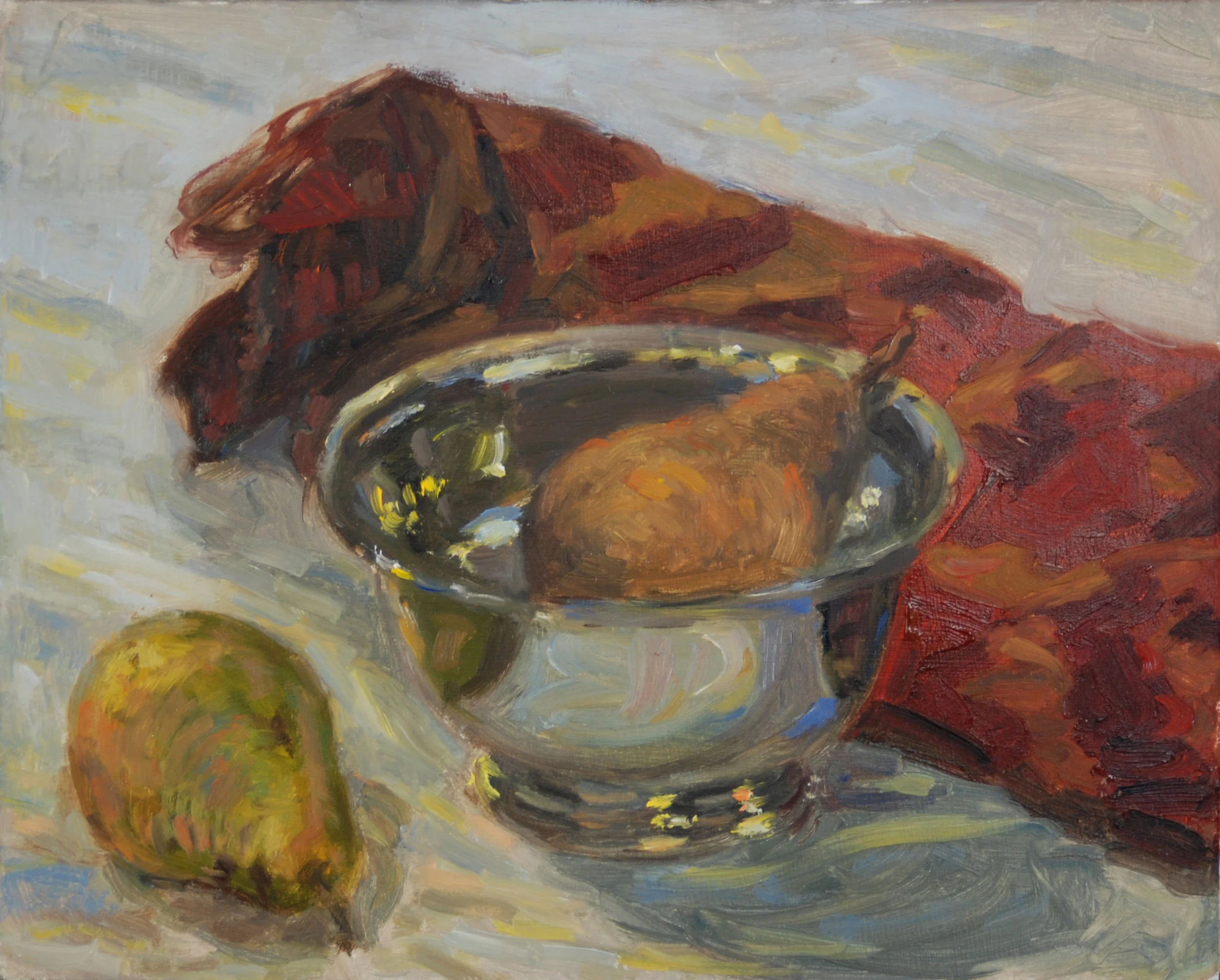 Pears in Silver Tin, Oil on board, 11x14 inches.