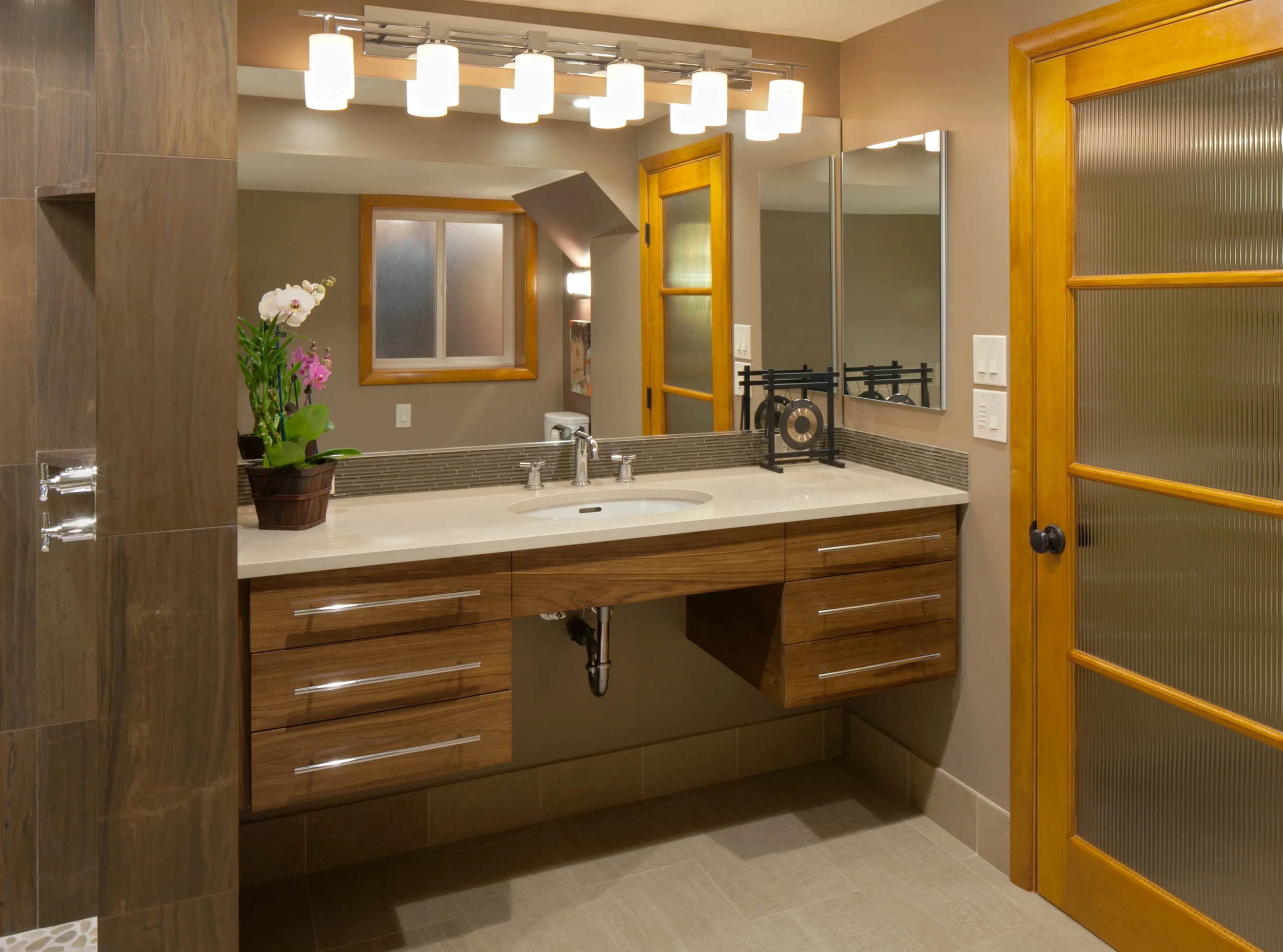 Teak floating vanity with quartz countertop