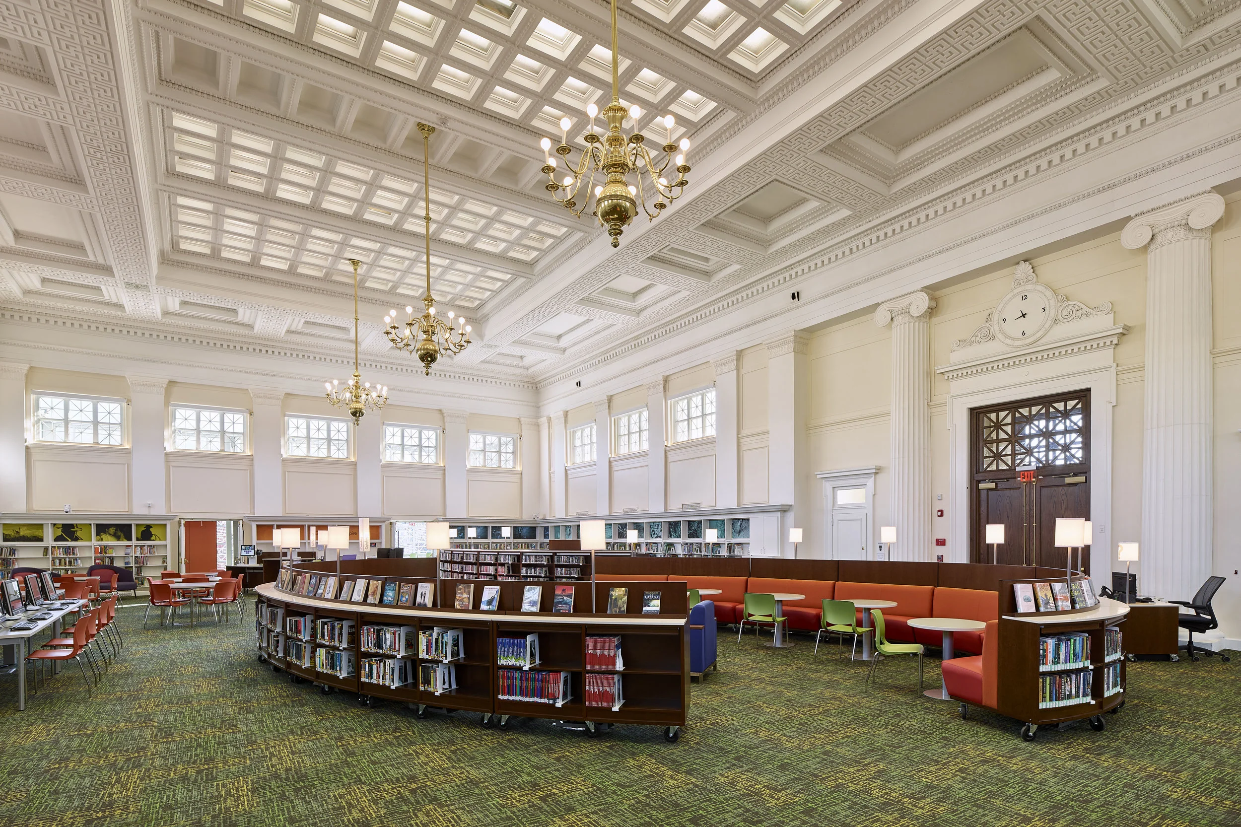 The original glass ceiling was freed of existing lighting attempts, cleaned and sealed. 216 3000k LED troffers were laid above the 22” glass panes.