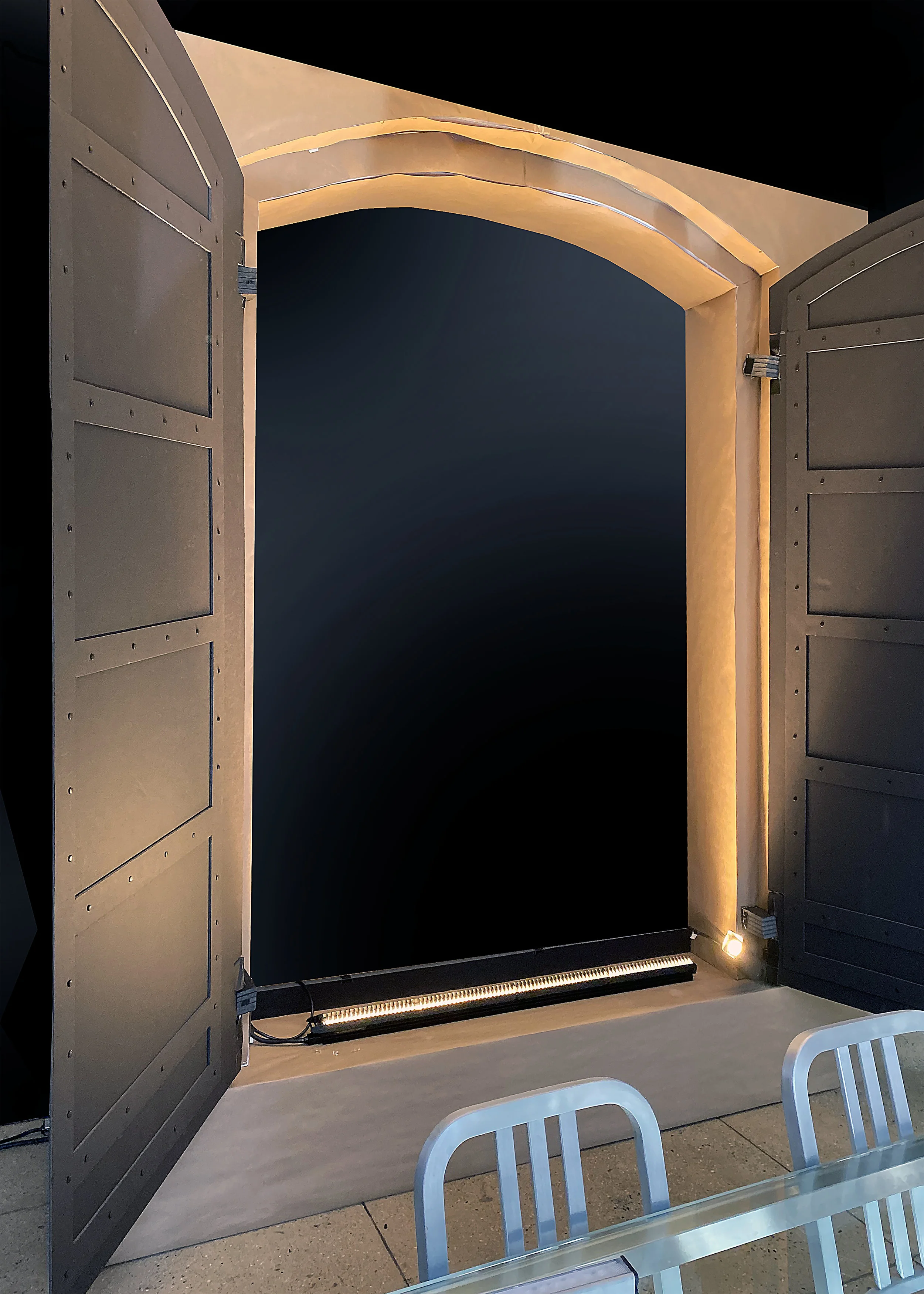 Full Scale Mock-up with single linear LED grazing up-light with single shutter spot light.
