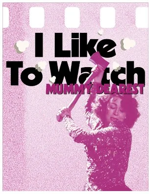 Cover image for "I Like to Watch" zine. Pink, grainy background with cutout image of Faye Dunaway as Joan Crawford in Mommie Dearest