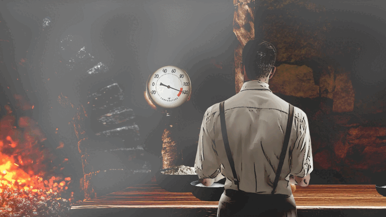 Man in white shirt with suspenders standing at a bar counter in front of a lava-themed background with fiery elements and a thermometer showing high temperature.