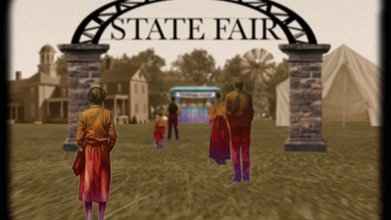 People walking into a state fair with an arch that reads 'State Fair,' with tents, a house, and a ferris wheel in the background.