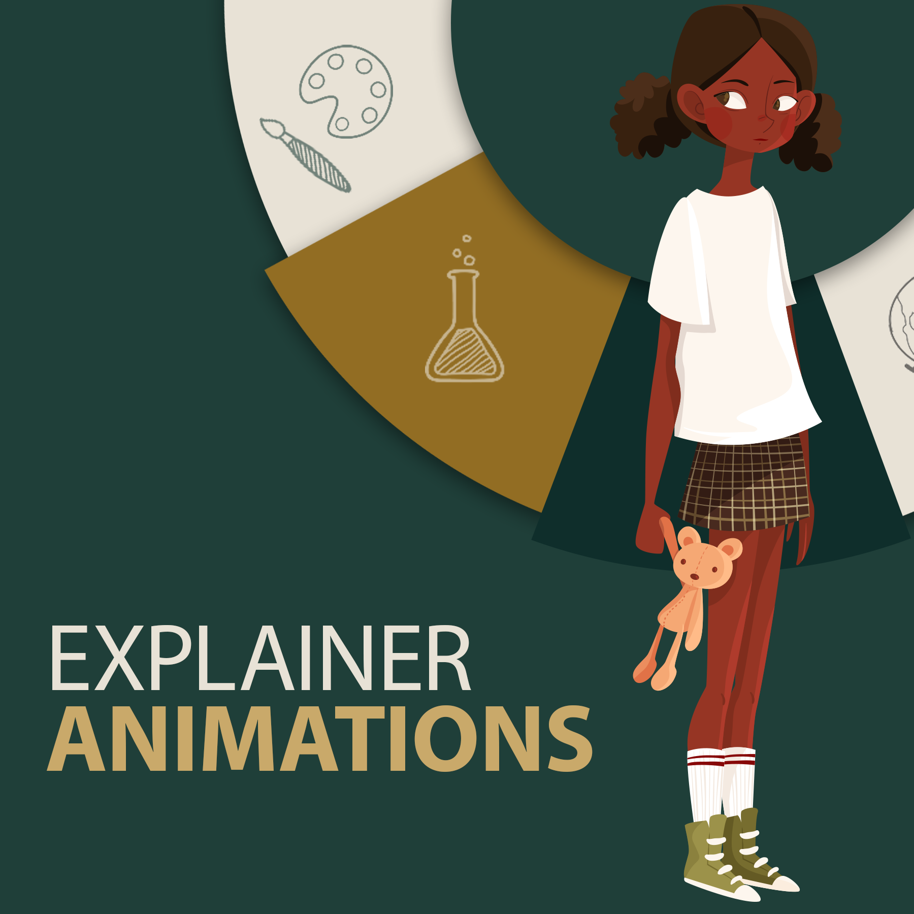 A young girl holding a teddy bear, standing in front of a circular infographic with illustrations of a paint palette, brush, beaker, and globe, with the text "EXPLAINER ANIMATIONS" at the bottom.