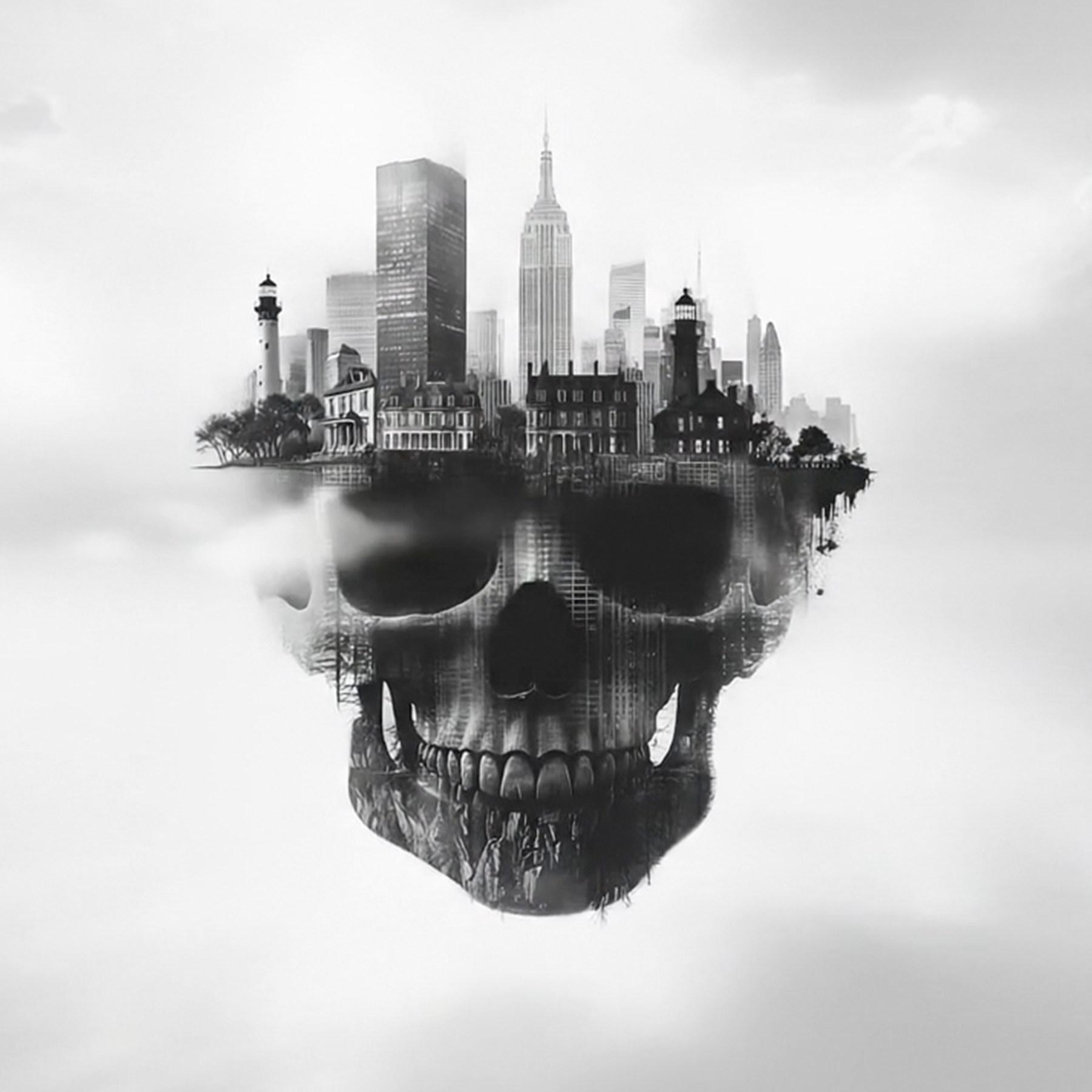 A black and white digital artwork of a skull with the New York City skyline on its forehead, including the Empire State Building.