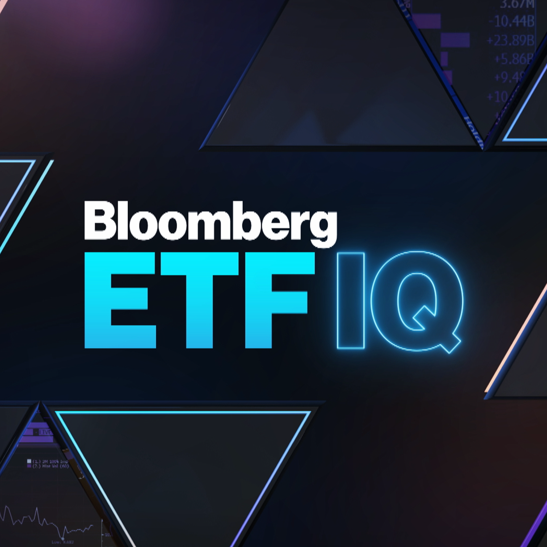 Bloomberg ETF IQ logo with geometric shapes and financial data in the background.