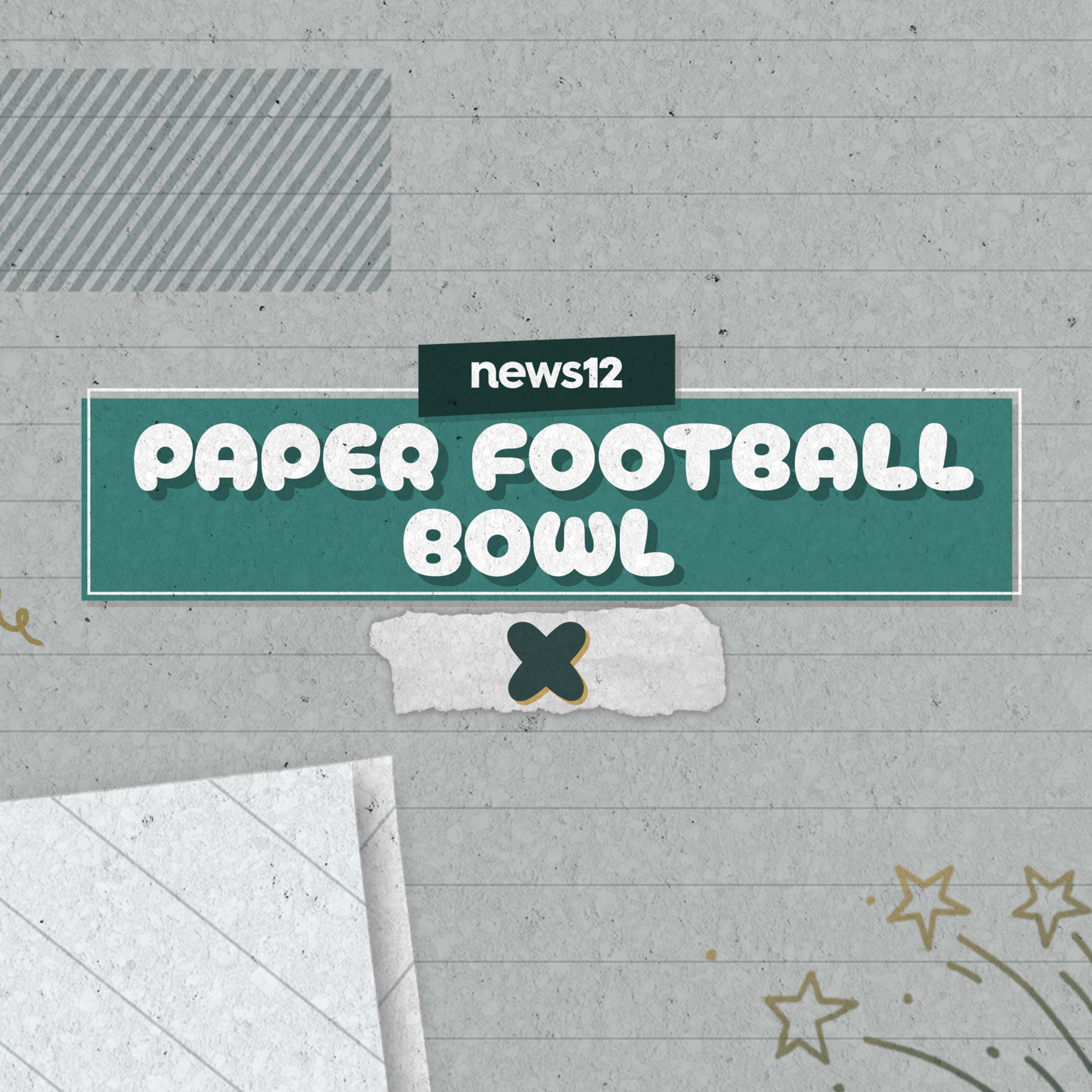 Graphic design for a paper football bowl event with a gray textured background, a teal banner with white bold text that reads "Paper Football Bowl," and decorative stars, lines, and patterns.