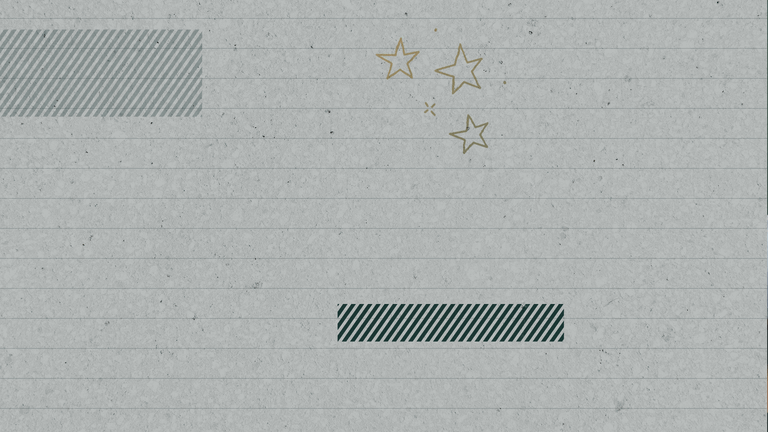 A lined paper background with decorative elements including striped and solid colored rectangles, and three outlined stars in the top right corner.
