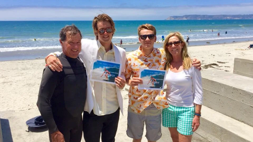 Pictured: 2017 CSA Surfing Scholar Award recipients Ben Outlaw and Kristian Kocherga, along with CMS and CHS Coach Stan Searfus and CSA board member Carolyn Mitchell.