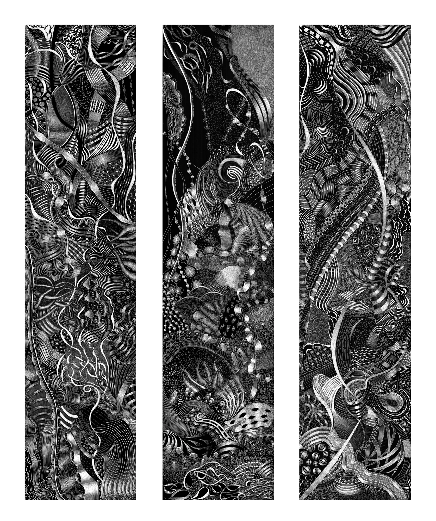 SPONTANEOUS COMBUSTION 1, 2, 3 TRIP TYCH #3100 Black Scratchboard Individually Framed: 8" x 24" x 3 $4500.00 2016 Studio