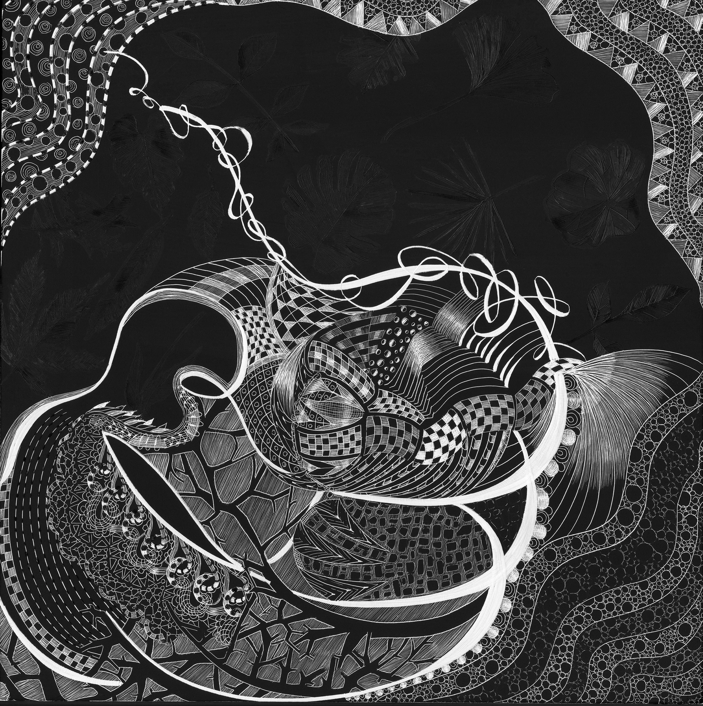 SC 8x8.4 Black Scratchboard, Acrylic Paint, Ink, 8" x 8" 2019 $925 Sold