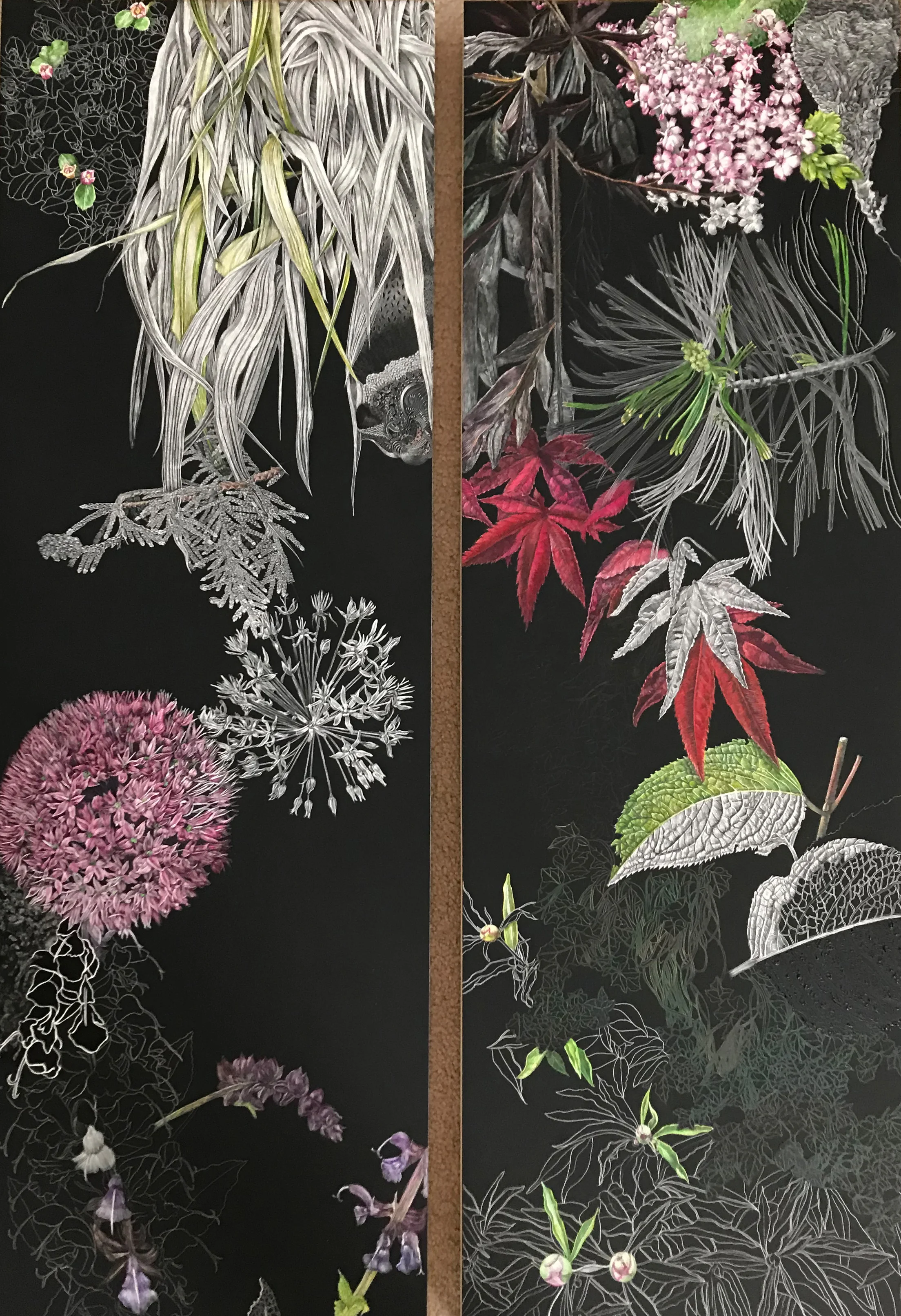 Two of the nearly completed panels that make up the Triptych from the collectors gardens.