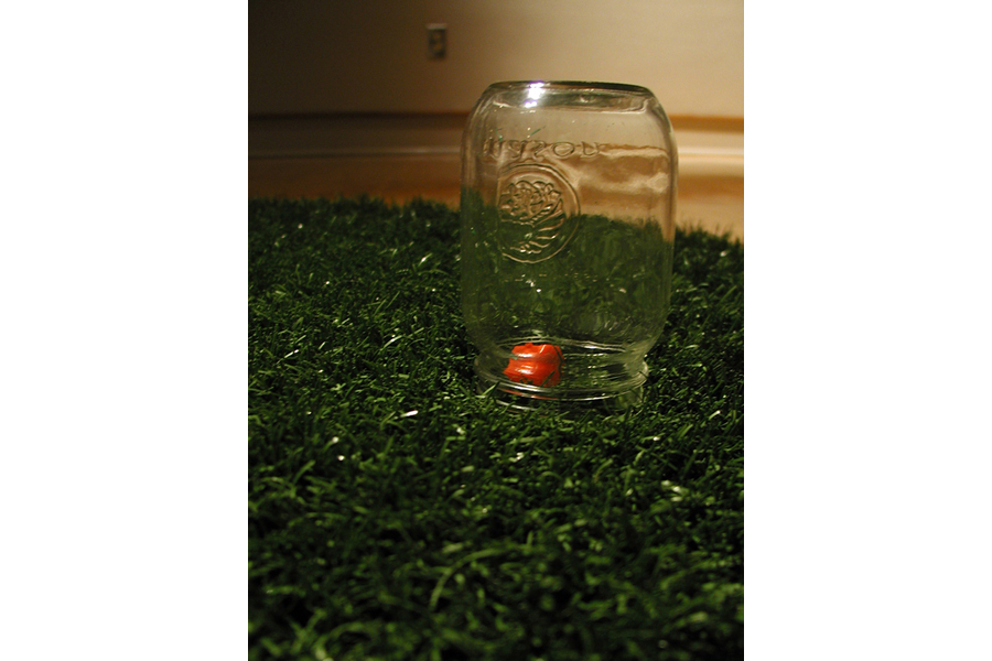  Gotcha (detail) artificial grass, glass jar, and monopoly house,&nbsp;72" diameter 