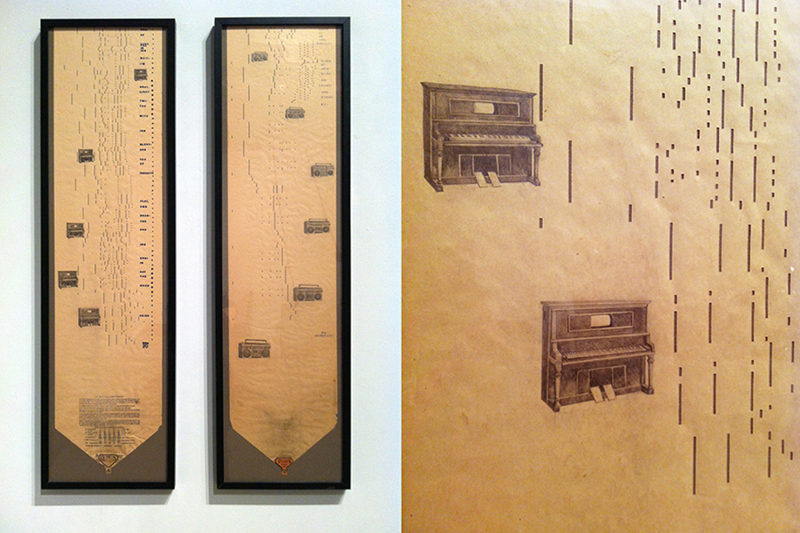   Wow and Flutter: Player Pianos and Boom Boxes  graphite on piano roll paper,&nbsp;49"x14" each panel 