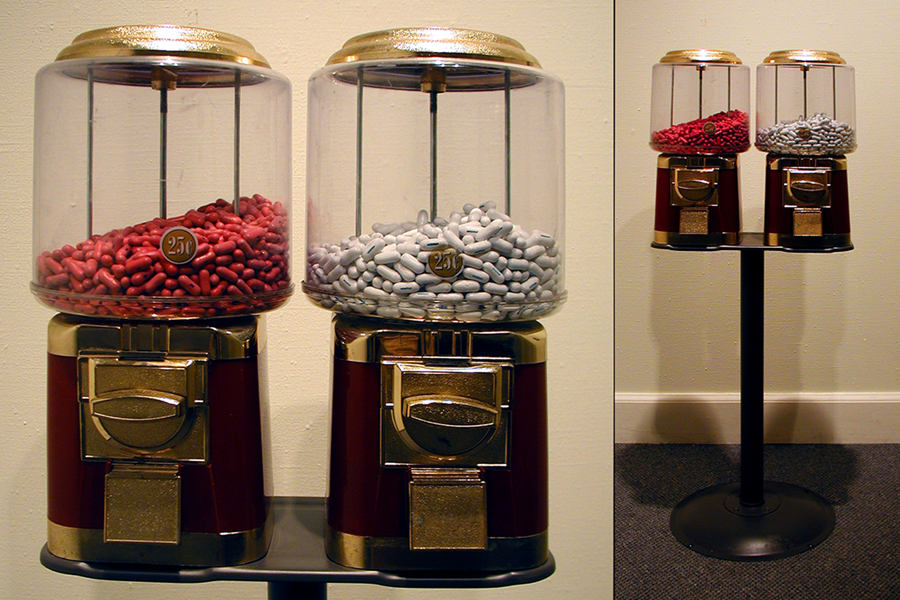  Entitlement Pills: Wisdom and Joy ,&nbsp;2006 candy machine, Good &amp; Plenty candy, and blue food color,&nbsp;49" x 20" x 12" 