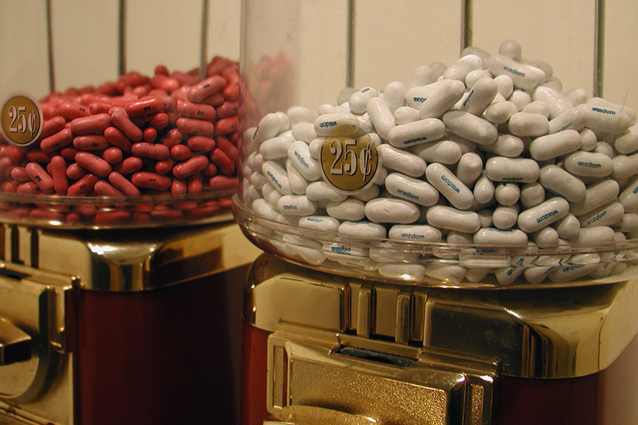   Entitlement Pills: Wisdom and Joy , 2006 candy machine, Good &amp; Plenty candy, and blue food color,&nbsp;49" x 20" x 12" 