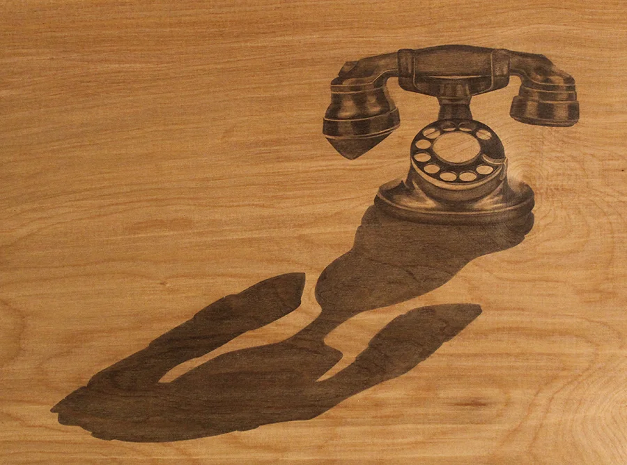 Dial Tone: Desk Set 1928 graphite on wood panel, 13"x17", 2019