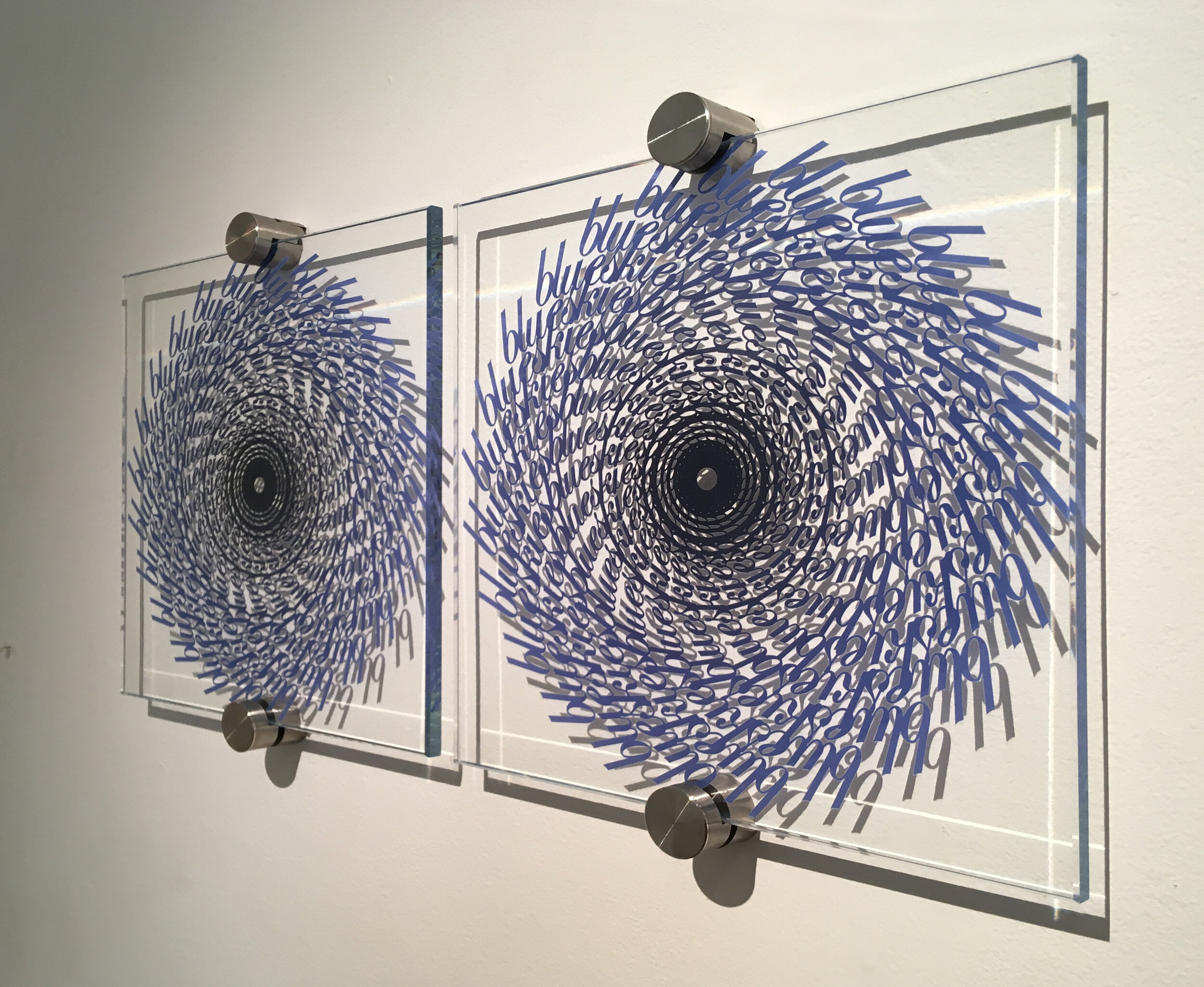   Doilies: Blue Skies -  glass, ceramic ink, and hardware 