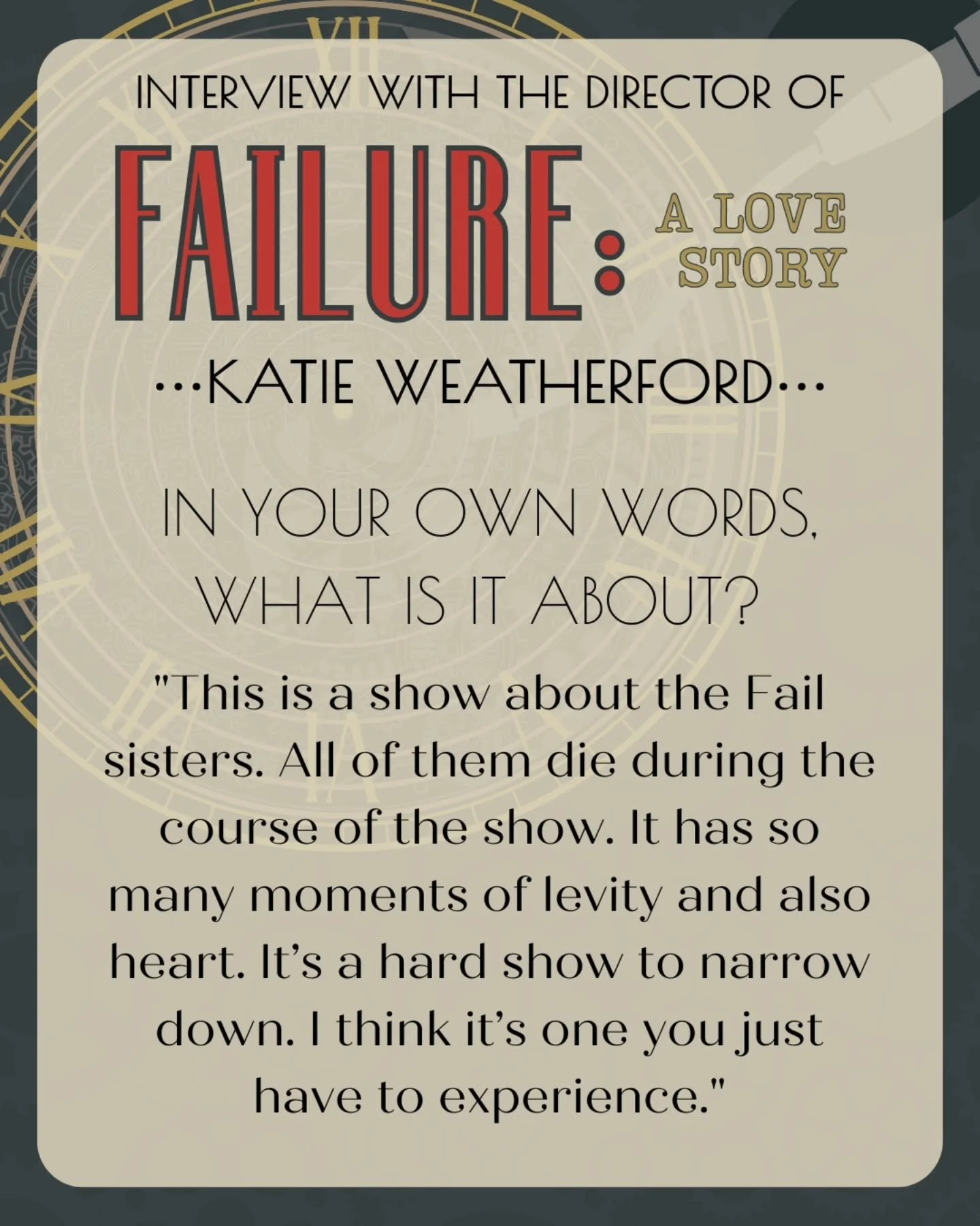 Failure: A Love Story is going to be such a fun show to be part of! Don't miss your chance! Send in those audition videos. All auditioners (18 &amp; up) welcome! No prior experience needed! Check our bio for more information &amp; the audition form.
