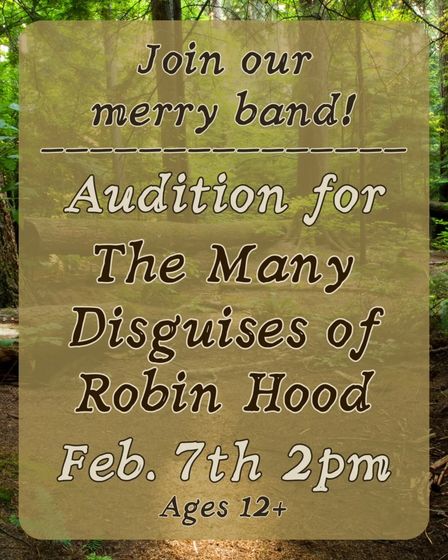 Don't forget auditions for The Many Disguises of Robin Hood are this Saturday! We can't wait to see you all! More info about the audition can be found at the link in our bio, but the basics are:

🏹 Directed by: Lauren Alexandersen
🏹 Audition: Febru