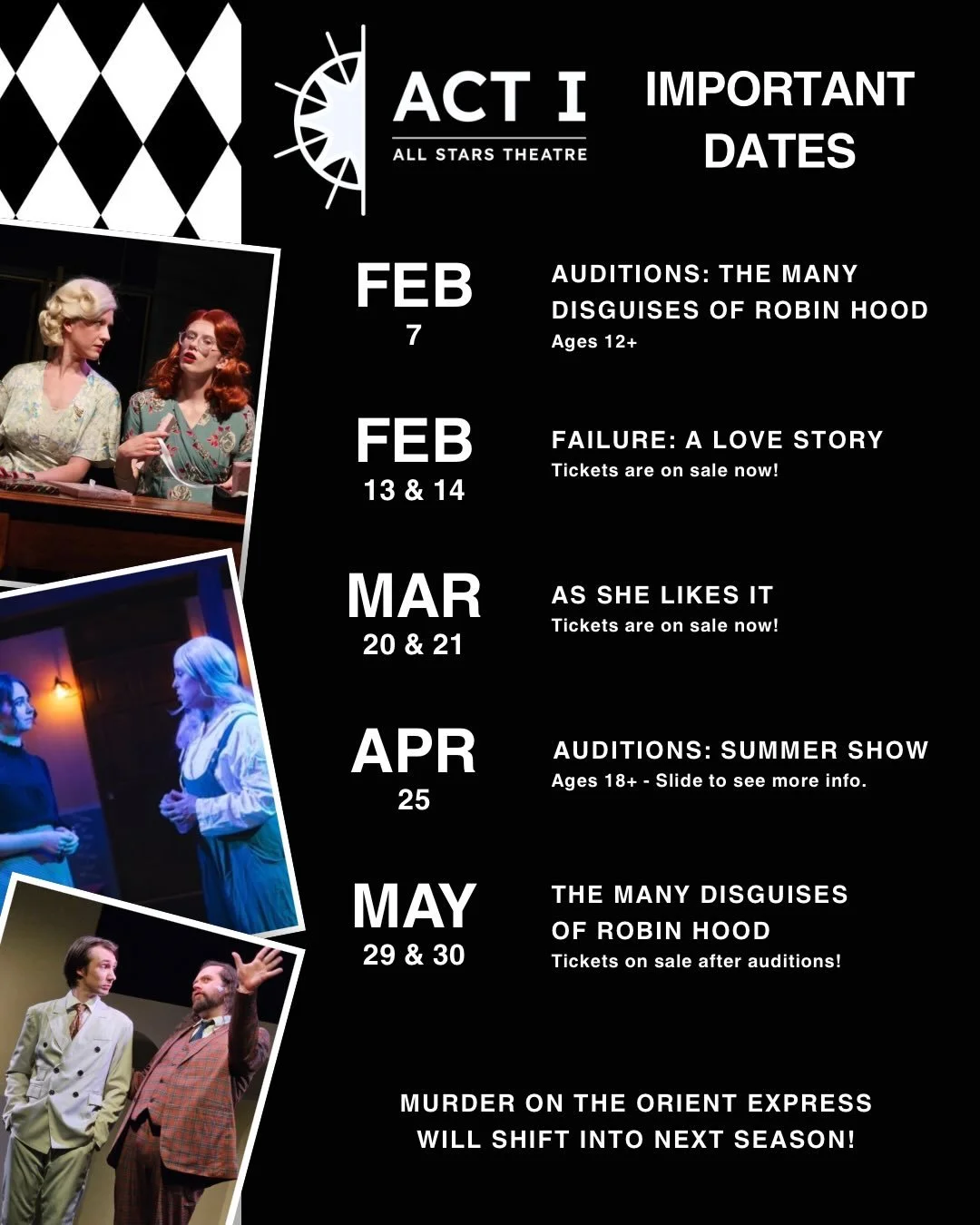 SAVE THE (MANY) DATES! ACT I and the ACT I Academy will be STAYING busy this spring. We hope you&rsquo;re as excited as we are about all of these opportunities for performers of all ages! 🎭🎶🩰💃🕺

#cartersvillega