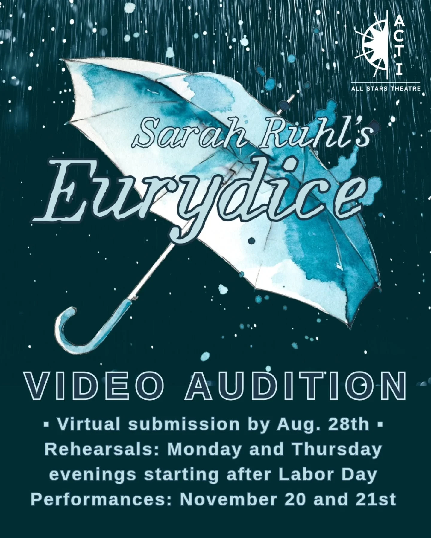 Now that our first weekend of Alice has closed, don't forget to submit your video auditions for Eurydice! 

Sarah Ruhl&rsquo;s Eurydice reimagines the classic myth of Orpheus through the eyes of its heroine. Dying too young on her wedding day, Eurydi