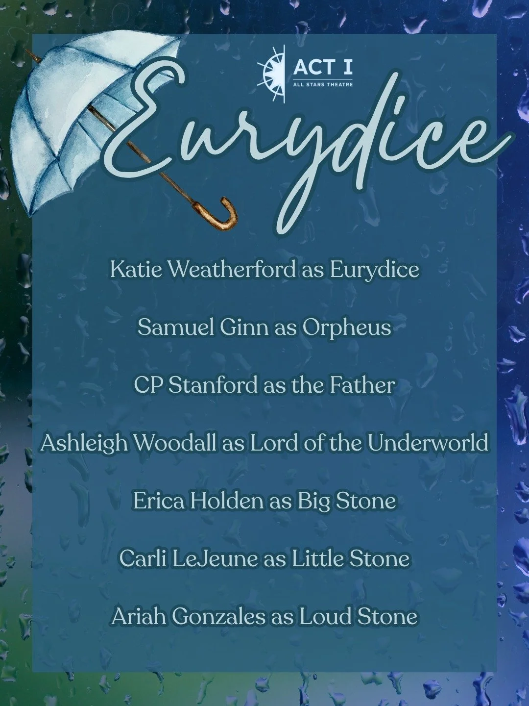 Thank you to everyone who auditioned, and congratulations to this exciting cast! We've a lot of new faces! 

Save the dates: Eurydice will perform on November 20th and 21st at 7pm! Tickets will be on sale soon! ☔