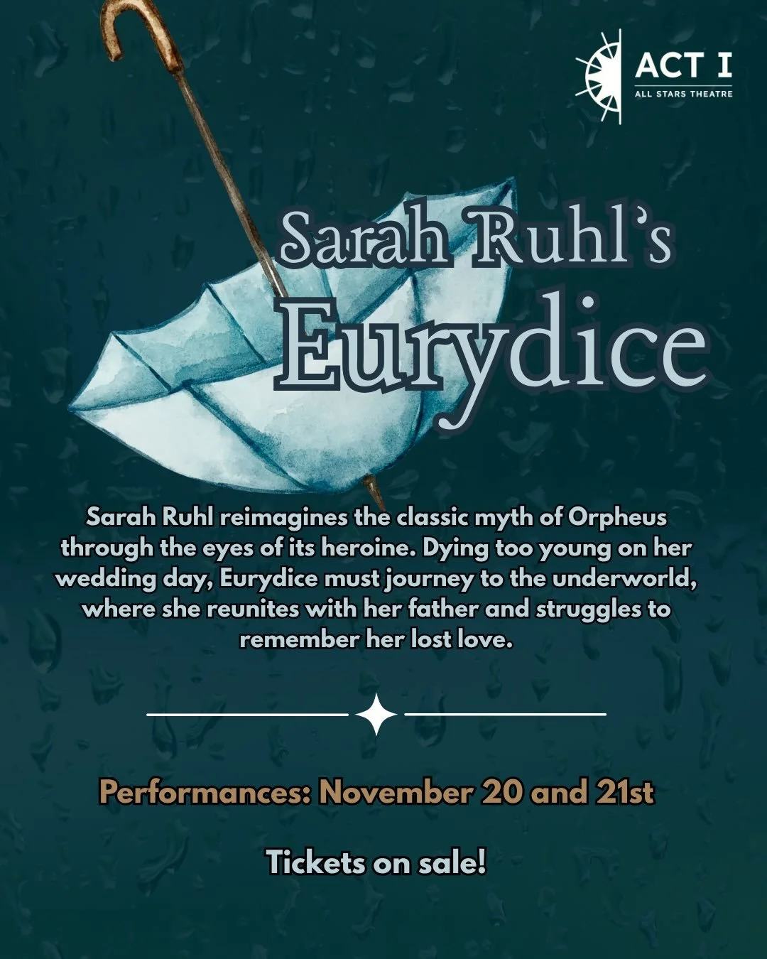 We&rsquo;ve been having a blast already with our upcoming production of Eurydice, and tickets went on sale this morning! 

Sarah Ruhl&rsquo;s Eurydice reimagines the classic myth of Orpheus through the eyes of its heroine. Dying too young on her wedd