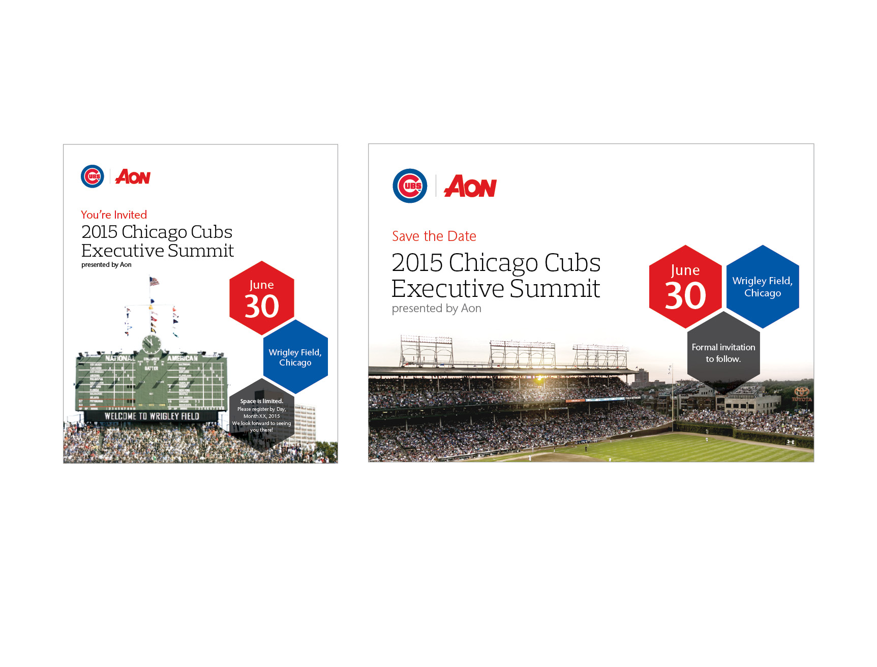 Electronic and print Save the Date invitations&nbsp;for the 2015 Chicago Cubs Executive Summit, in partnership with Aon. 