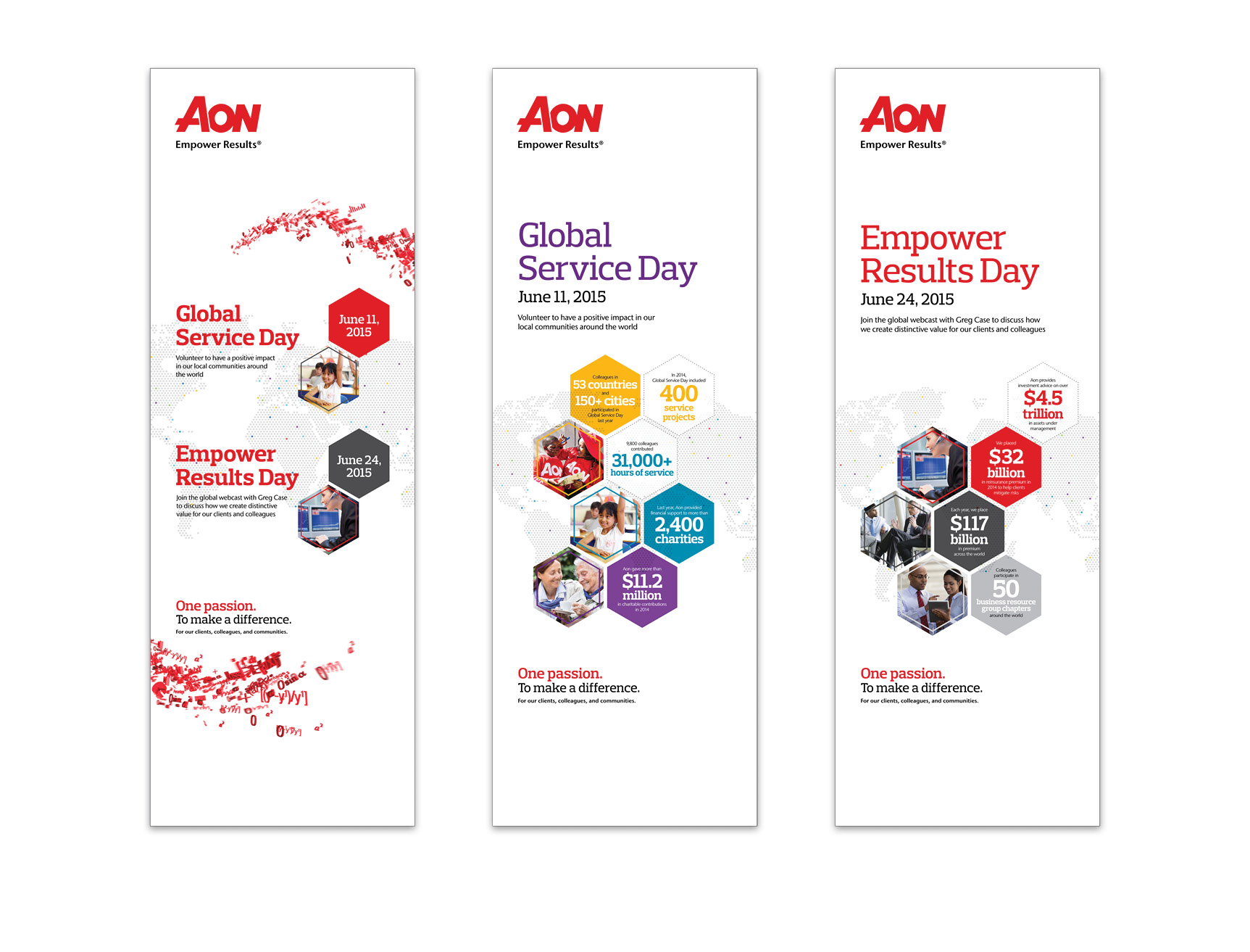  Pull up banners for Global Service Day and Empower Results Day. Both are&nbsp;Aon events promoting public service&nbsp;within local communities around the world. 