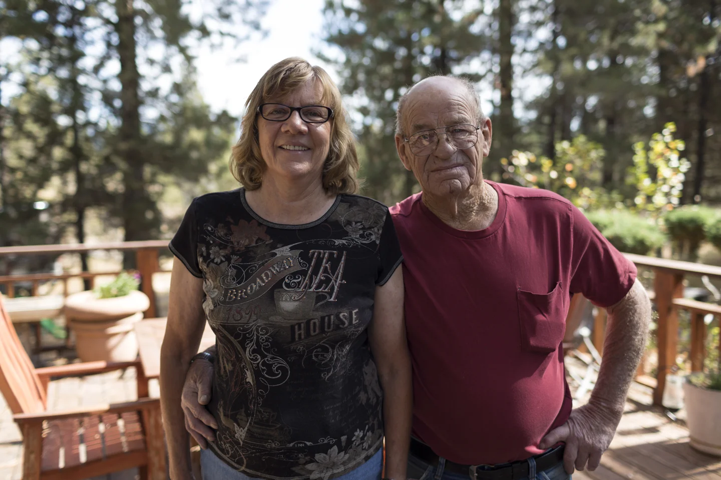 Leda & Wayne Hunter On the back porch of their home, Bly, OR