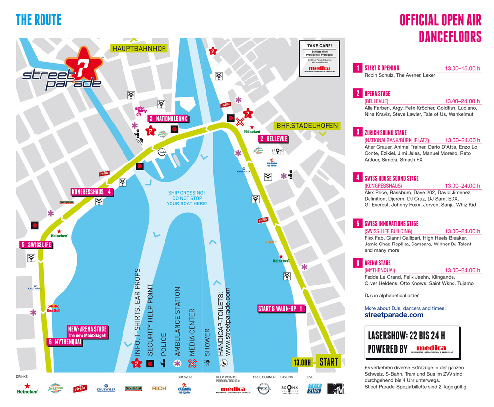 Route der Love-Mobiles und Zeiten der 6 Live Stage Bühnen. (Bild :  Streetparade.ch ) -&nbsp;CLICK TO ENLARGE