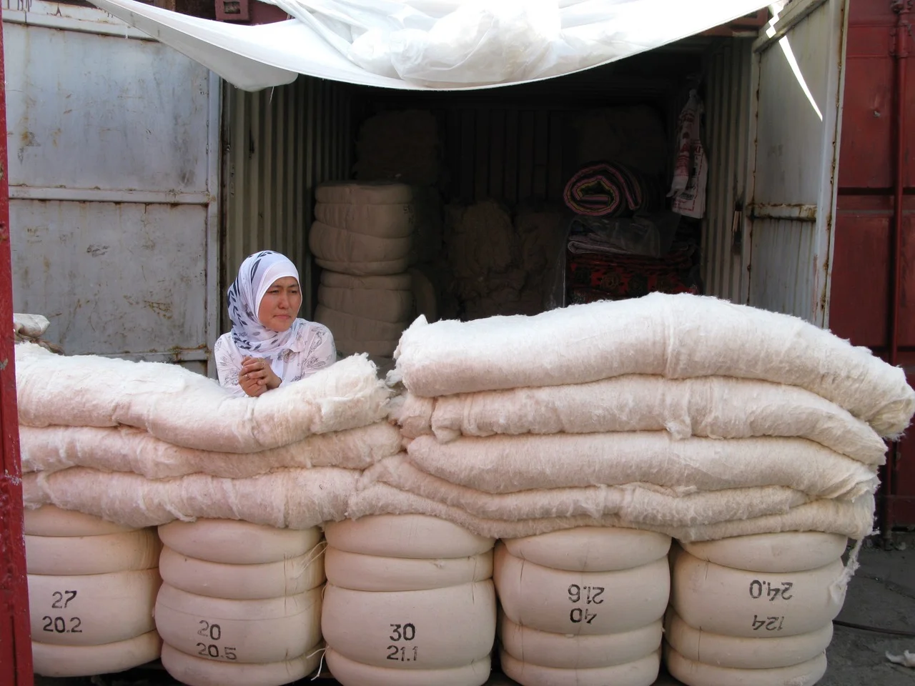 Bishkek, Kyrgyzstan. Bazaar, selling cotton stuffing for quilts