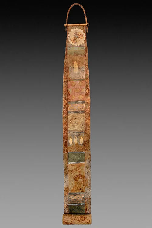 Earth to Heaven Scale: 8’6”Hx12”x5”D Materials: silk organza, processed leaves, thread, mixed media