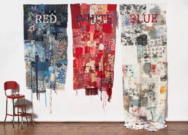 Red, White, Blue , 116w x 102w x 36d, painted, thermo-faxed, and block printed deconstructed repurposed clothing and linens.