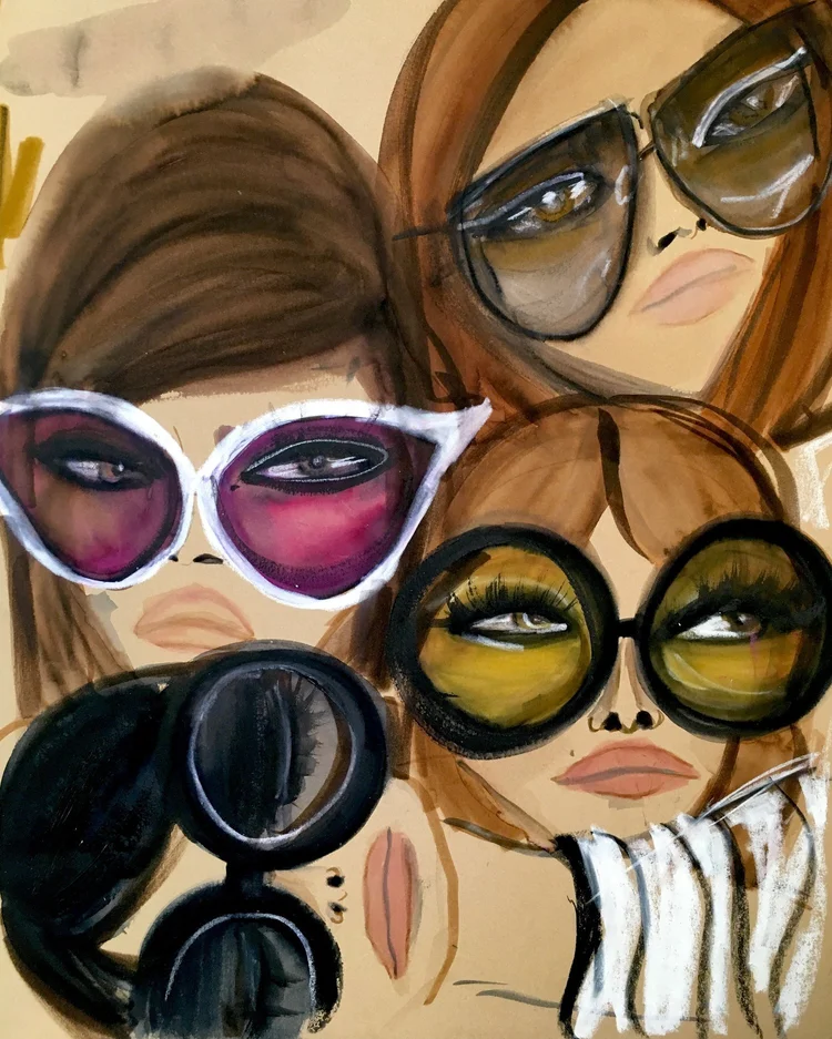 Illustration of four stylized female faces wearing oversized vintage sunglasses in varying colours — pink, yellow, black, and clear with coloured lenses — rendered in gouache or acrylic with bold outlines.