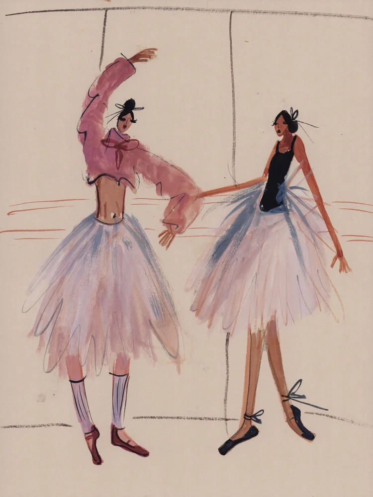 An illustration of two dancers in ballet-inspired fashion, rendered in watercolour and ink on paper.