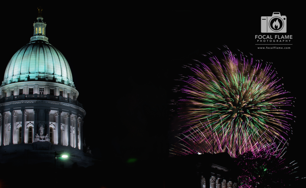 The Wisconsin State Capitol building becomes ornamented with light during Rhythm and Booms. (c) 2014 Focal Flame Photography | Photo credit: Josh Zytkiewicz