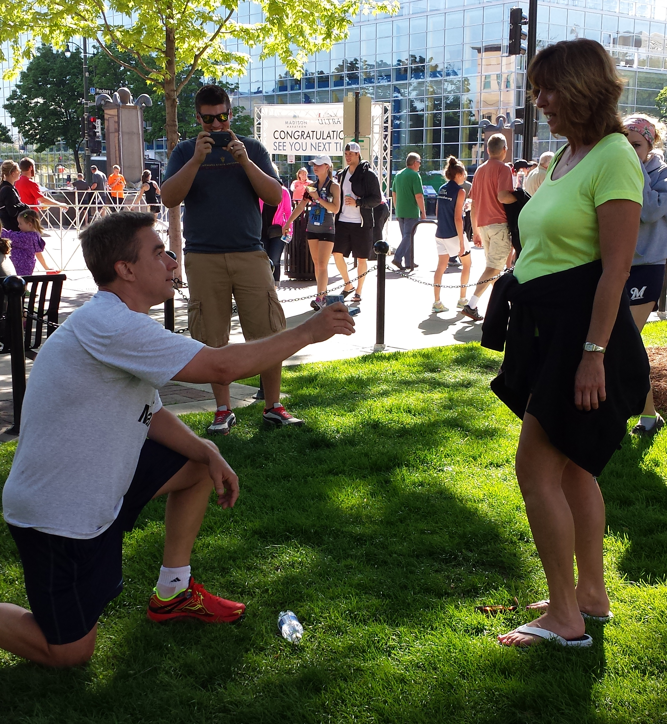 Greg proposed to his fiancé after the 2014 Spring Madison Half Marathon. Photo provided by Greg's daughter Rebecca B.