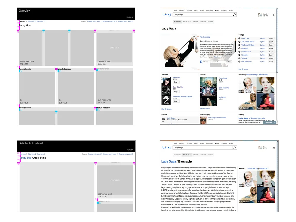 Examples of team collaboration to develop grid systems for different categories of data across the Bing Experience. Left: final grid guidelines. Right: current live site.