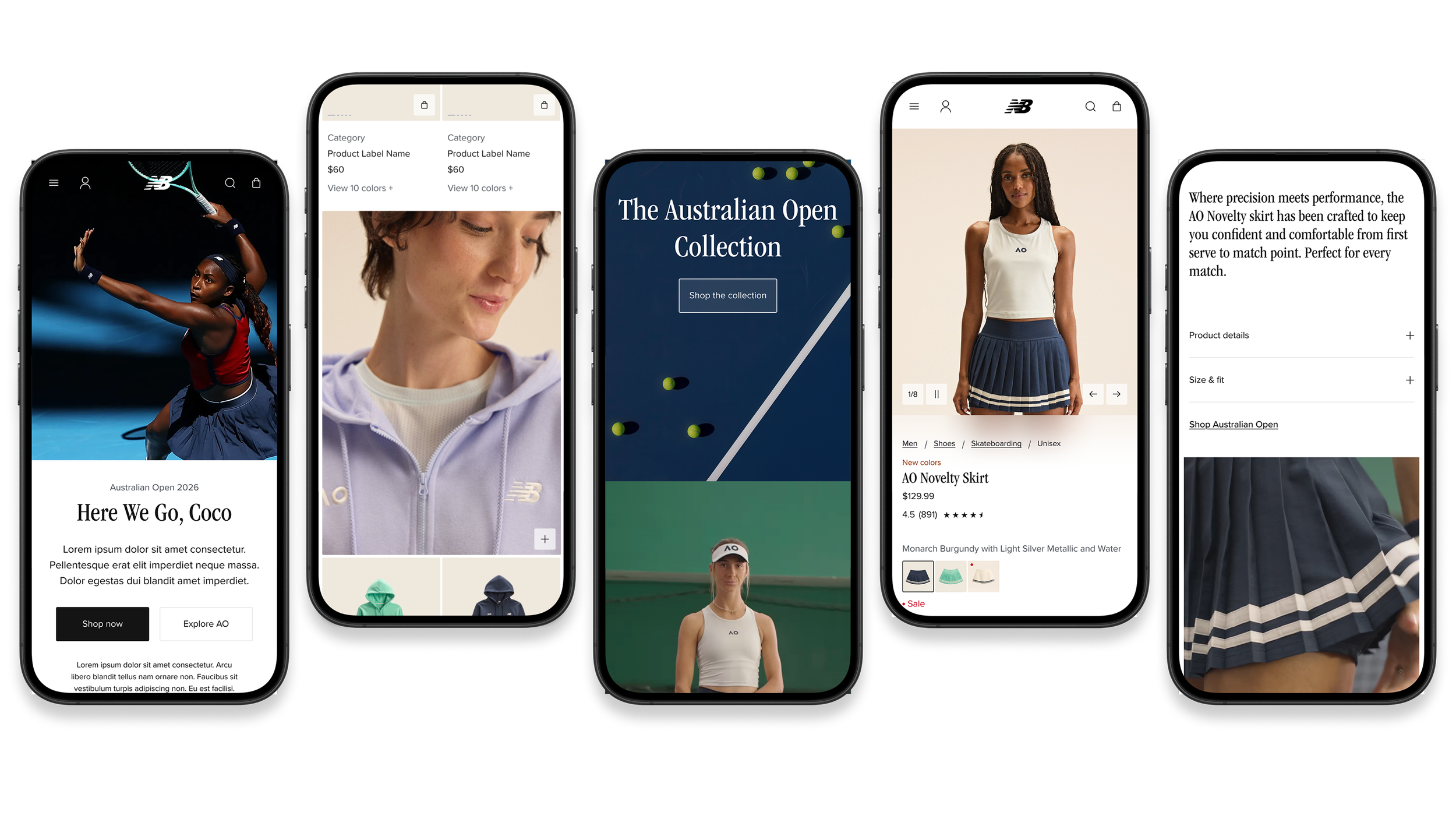Screenshots of various e-commerce and sports event mobile websites displaying athletic apparel, shoes, and accessories, with product images, descriptions, and prices.
