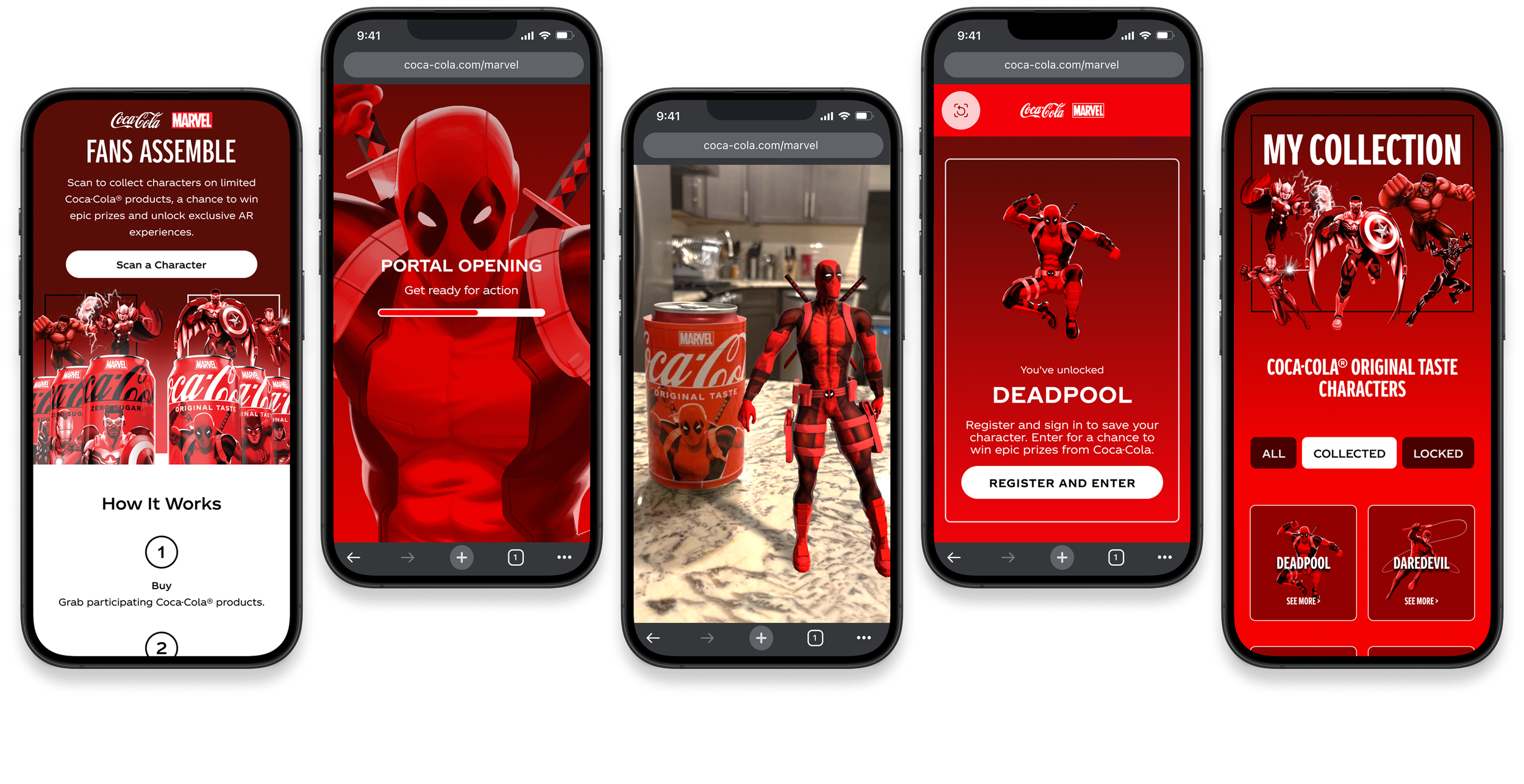 Screenshots of a mobile app featuring Marvel superheroes and Coca-Cola branding, including sections for collecting characters, portal opening, Deadpool character registration, and a collection gallery.