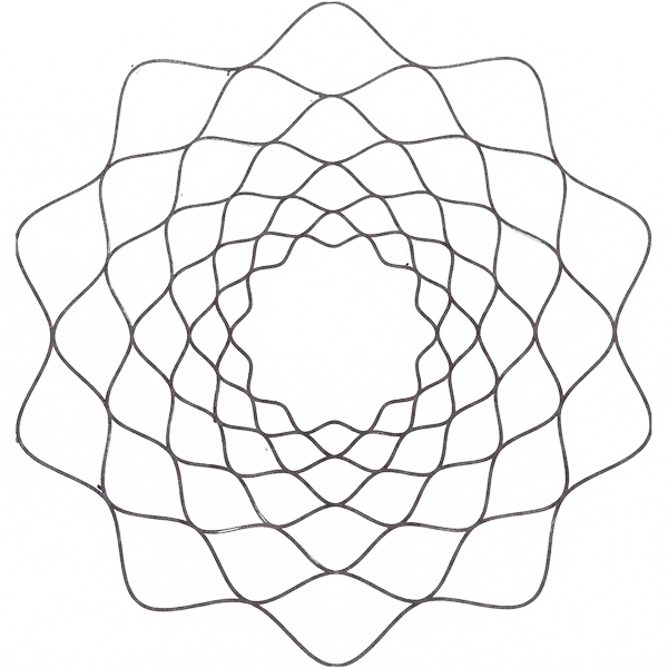 Black and white geometric pattern with overlapping wavy lines forming a circular, flower-like design.