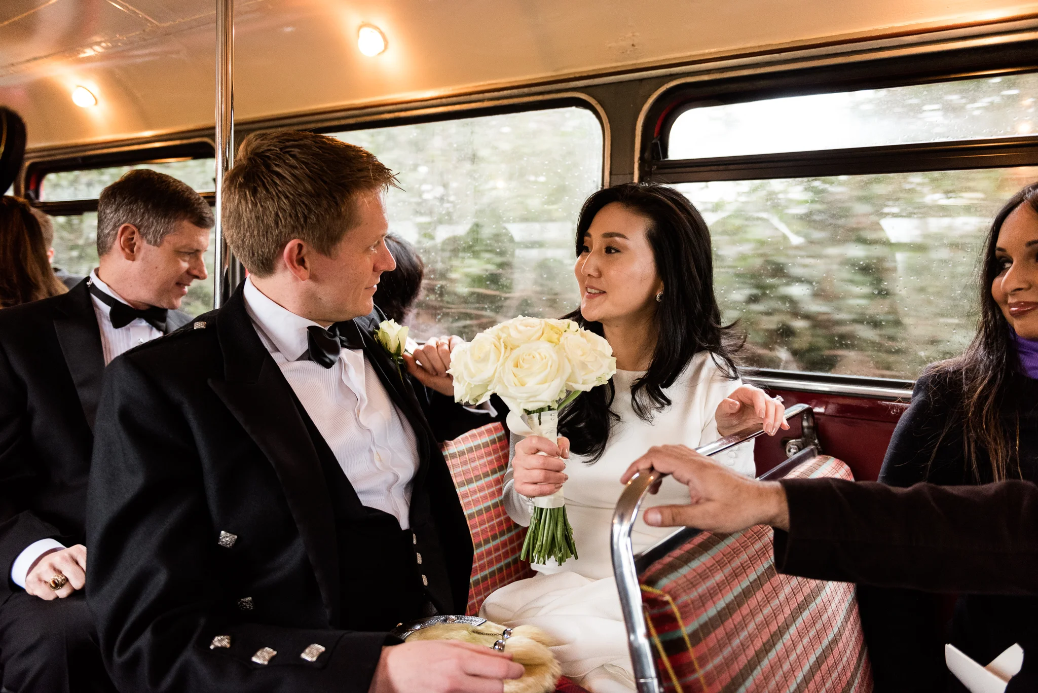English Winter Wedding Photography at Somerford Hall, Staffordshire Red Bus Double Decker Kilts Bagpiper-37.jpg