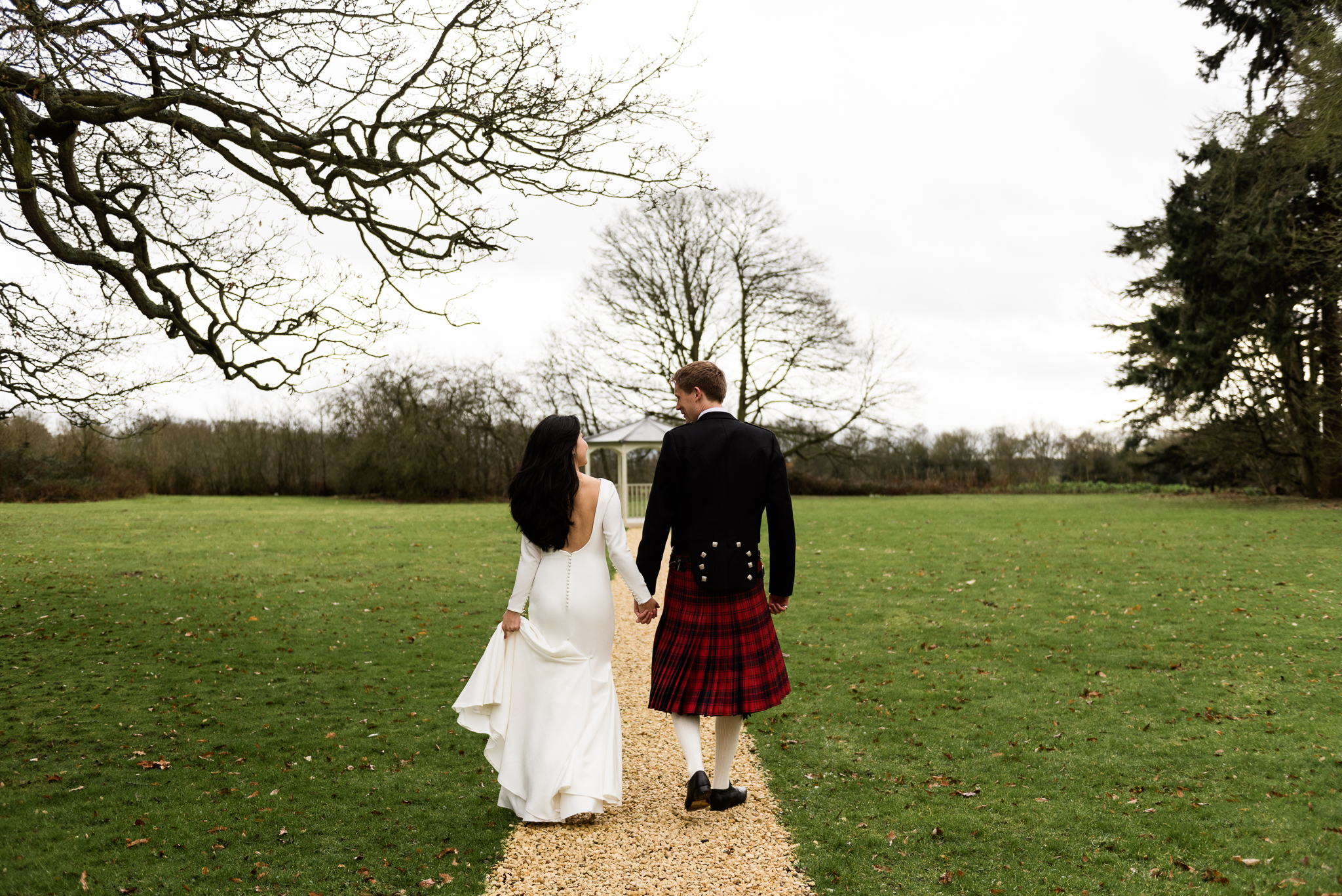 English Winter Wedding Photography at Somerford Hall, Staffordshire Red Bus Double Decker Kilts Bagpiper-44.jpg