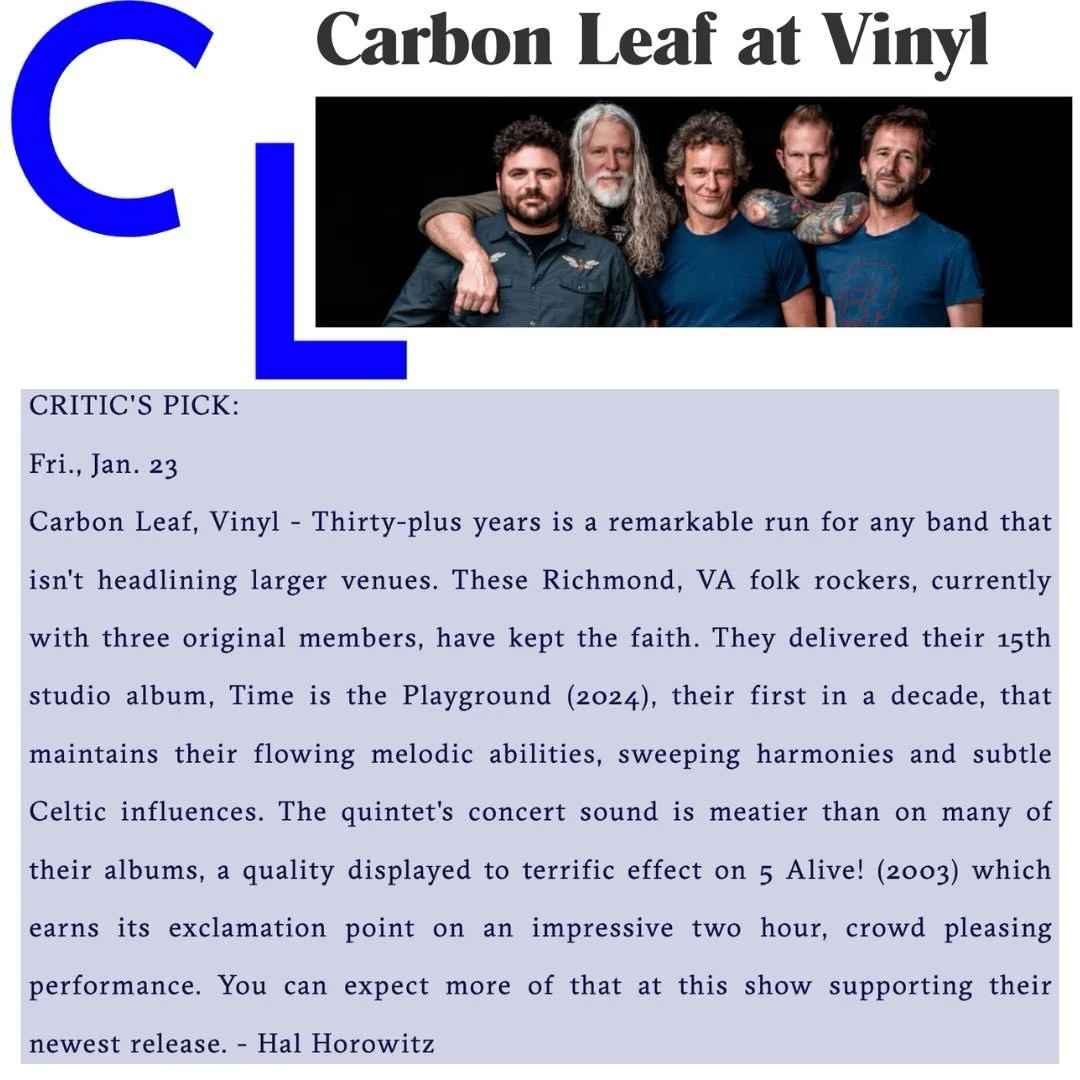 #ATL mark your calendar for the return of @carbonleaf out at @centerstageatl &ndash; Vinyl on Friday, January 23. 

Huge thanks to @hal.horowitz and @creativeloafingatlanta for highlighting this stop in #Atlanta. 

#iwanttobeleaf #carbonleaf #timeist