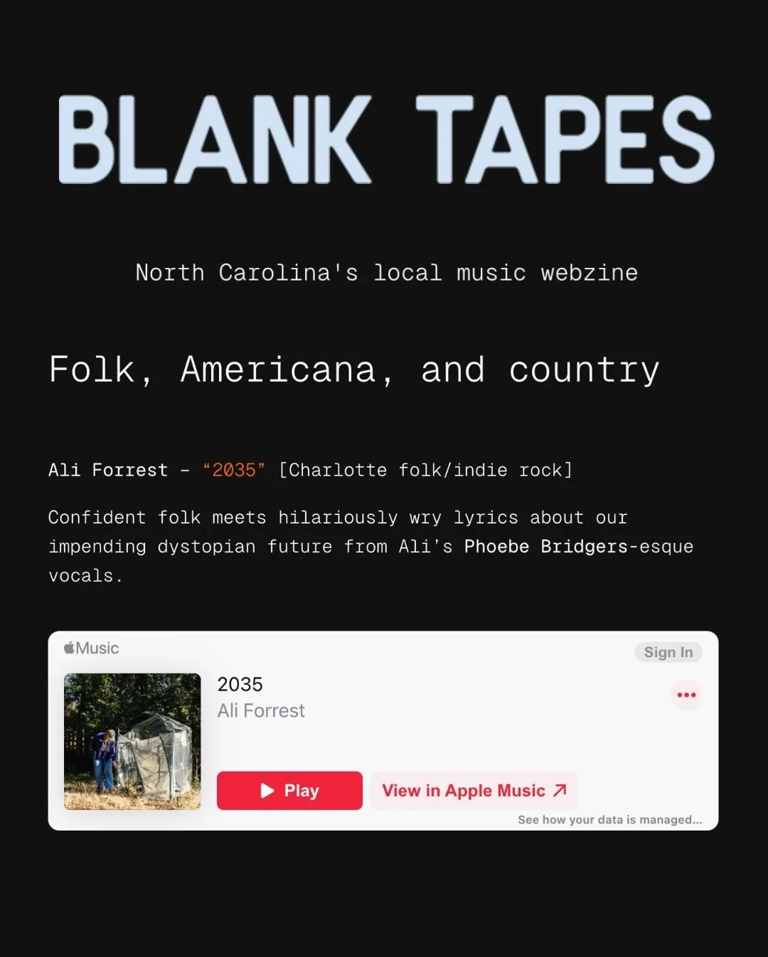 Shout to to @blanktapes.co for carrying the #NCmusic torch and featuring an awesome slate of #NorthCarolina new releases. Including the talented @alilforrest and her captivating warning against #AI, &ldquo;2035.&rdquo;